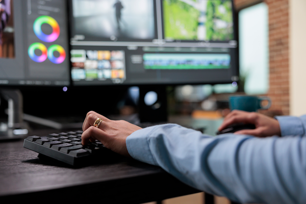 A person wearing a light blue shirt is seen editing a video on a computer. Their hand is on a keyboard, and multiple monitors display editing software with video clips, color wheels, and timelines. The background is blurred with a glimpse of a window and brick wall. | Studio 99 Multimedia