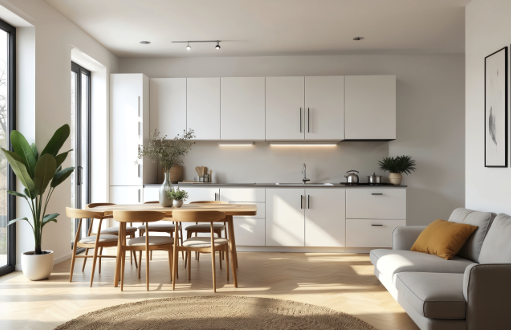 A modern, minimalist kitchen and dining area with white cabinets, wooden dining table and chairs, potted plants, a beige sofa with a yellow cushion, and large windows letting in natural light. | Studio 99 Multimedia